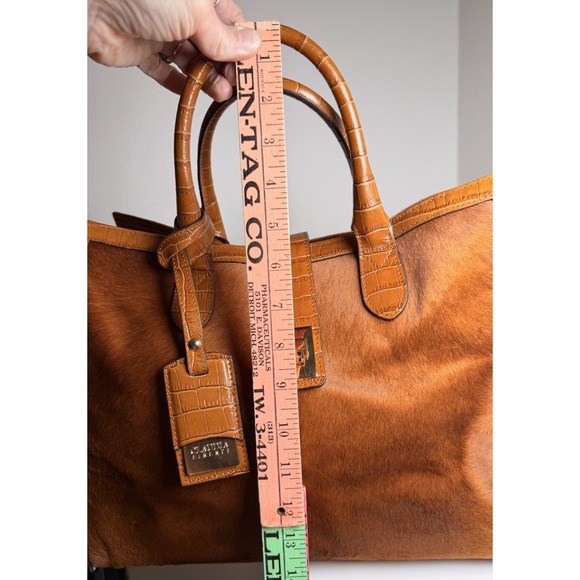 Claudia Firenze Calf Hair Leather Tote Bag Croc Embossed Trim Turn Lock Brown - Picture 13 of 13